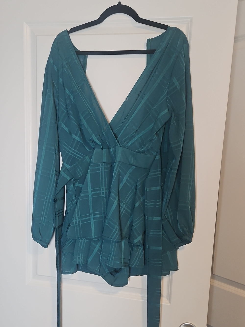 SHEIN Teal Plaid Wrap V-Neck Long Sleeve Tunic